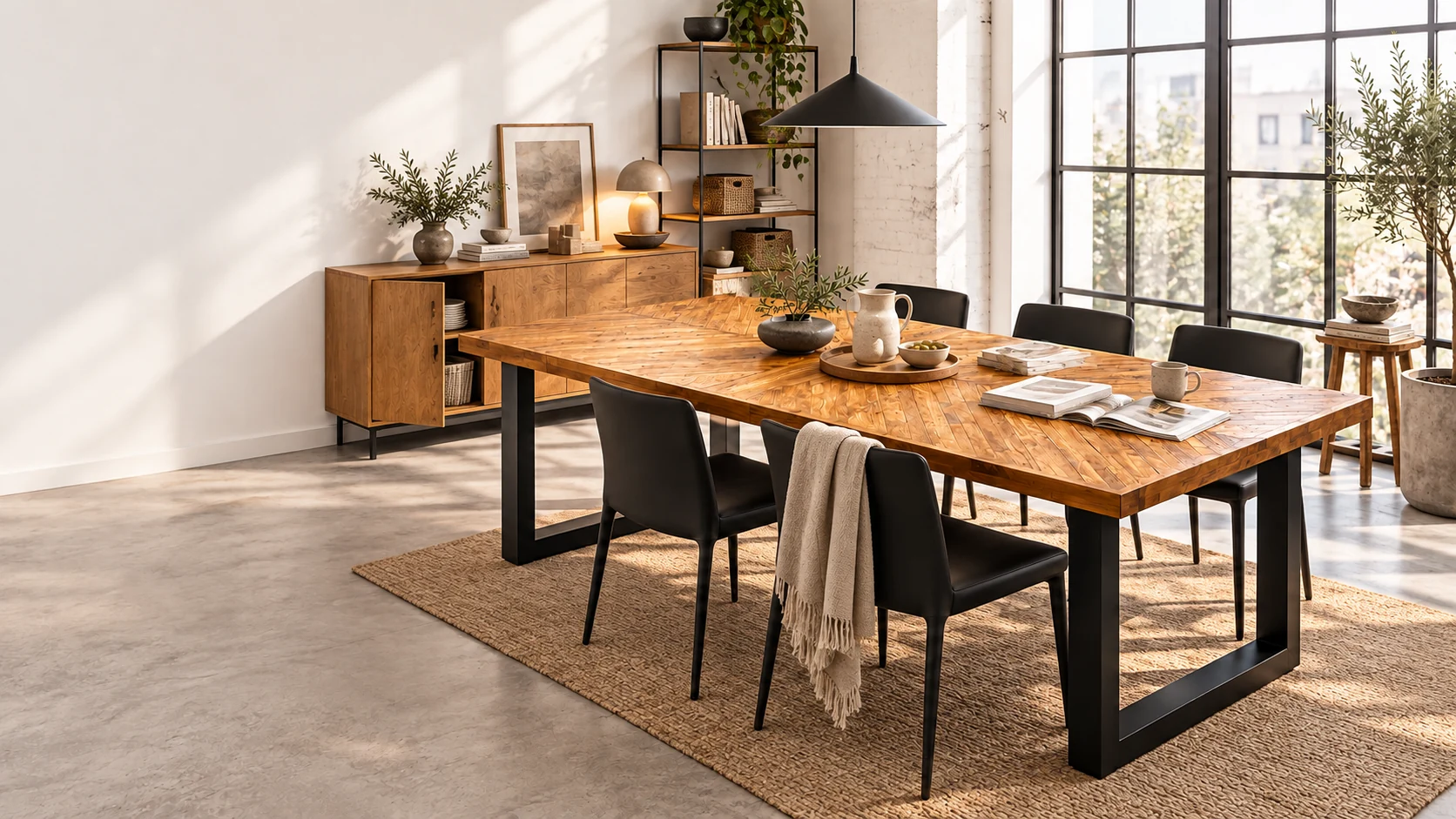 AI room visualisation featuring Tera Trade’s Signature Herringbone wooden dining table