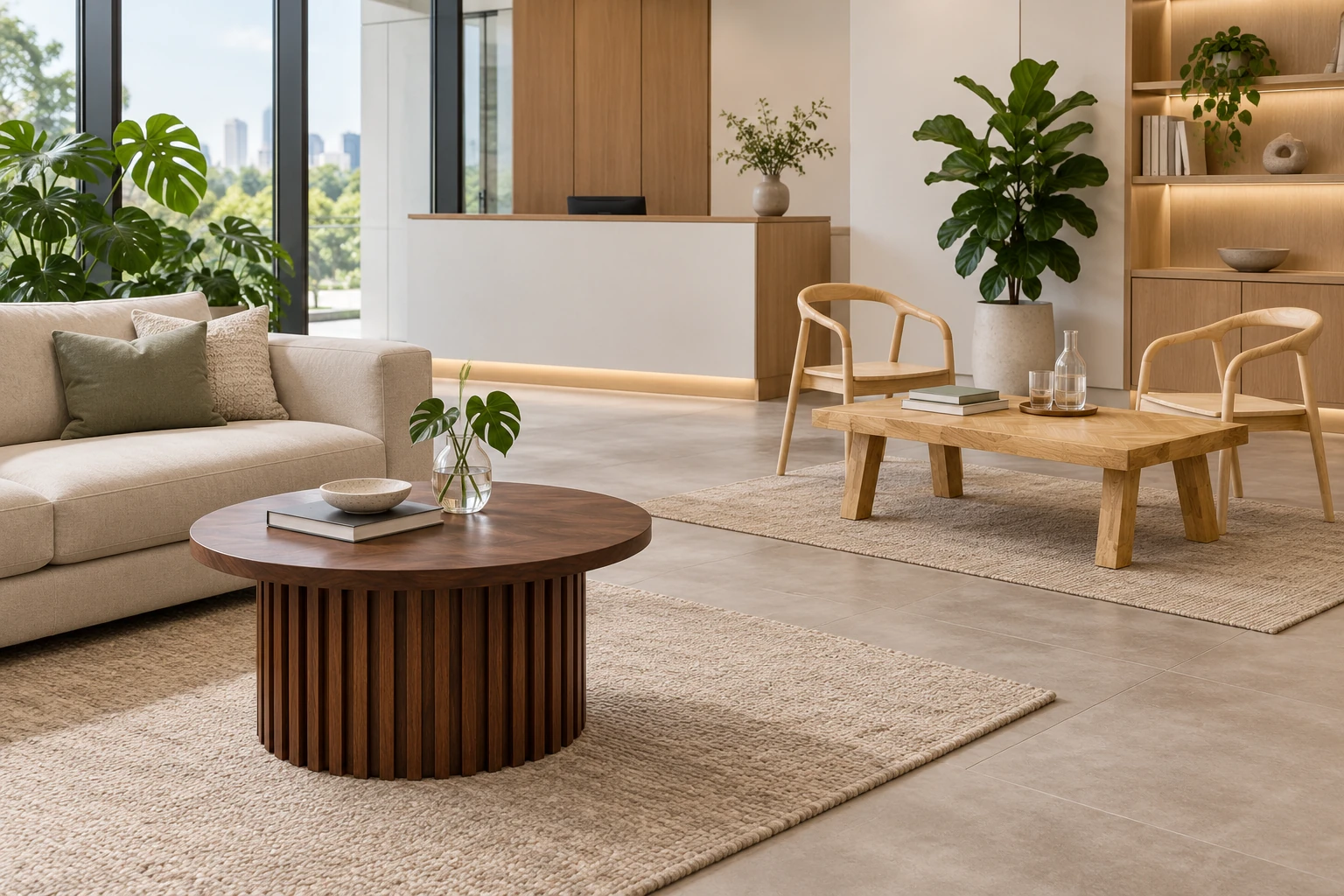 Catalogue concept: reception & visitor lounges featuring Fluted Coffee Table, Herringbone Coffee Table, LUMA Solid Wood Armchair