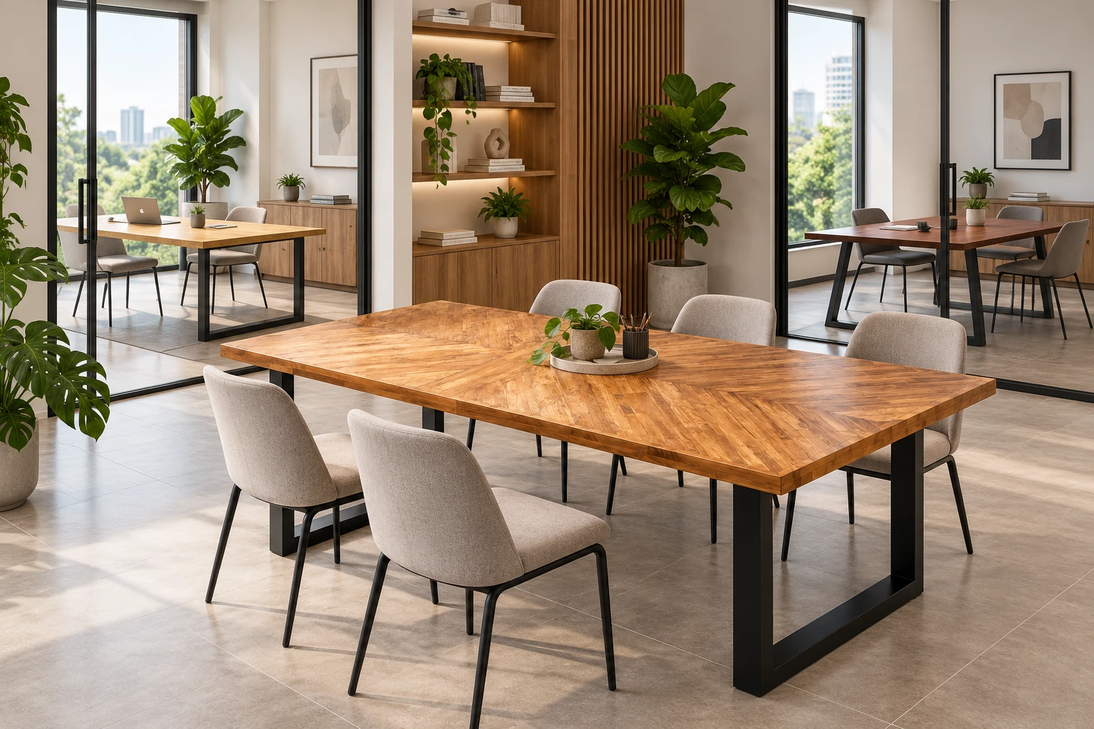 Office catalogue concept with Signature Herringbone, Classic Rubberwood and Solid Nyatoh meeting tables