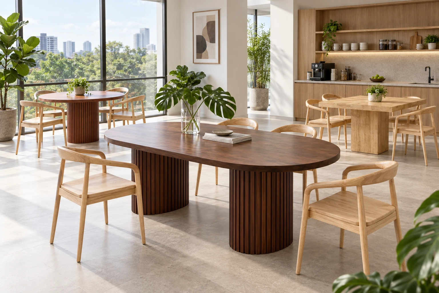 Catalogue concept: pantry & informal meetings featuring Fluted Oval, Fluted Round, Pedestal Square, LUMA Solid Wood Armchair