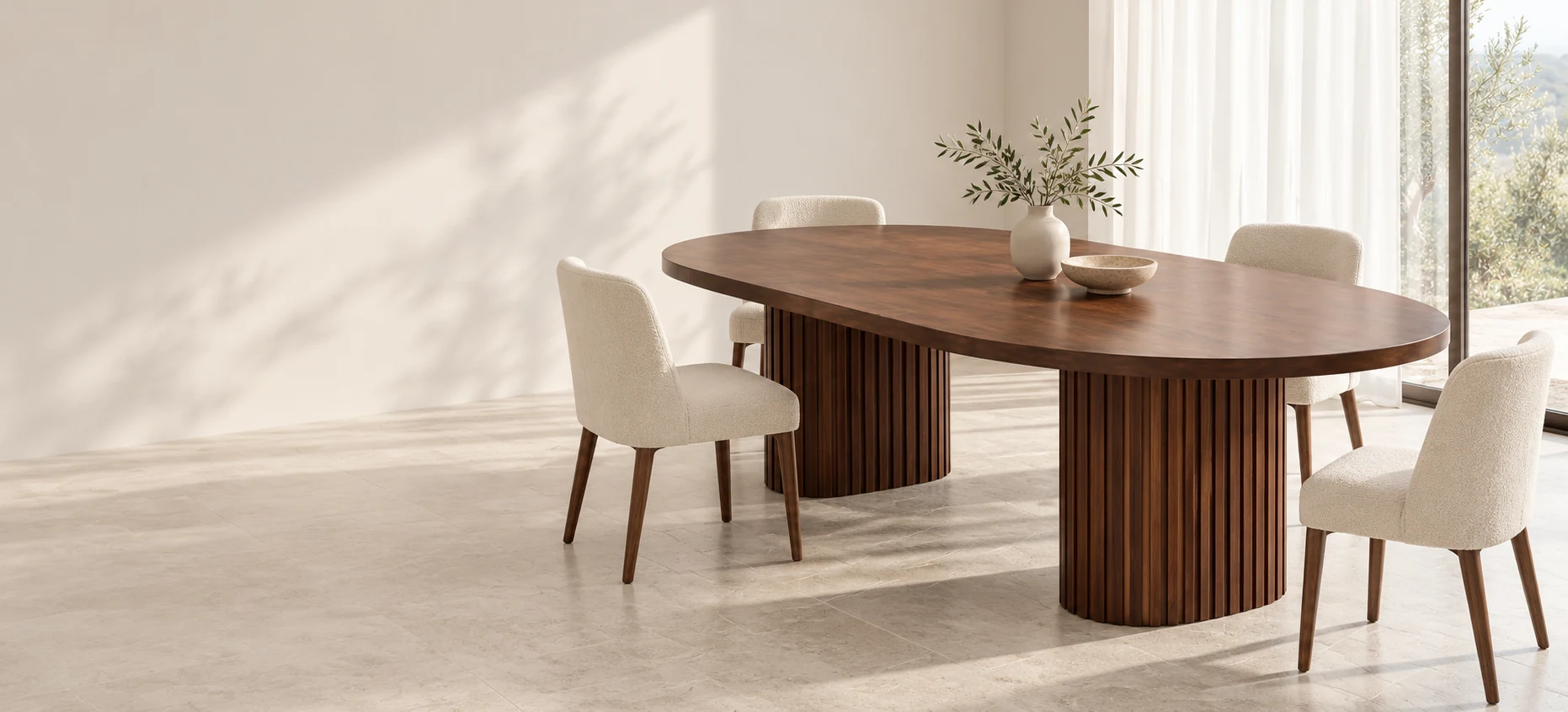 Fluted Oval mahogany table with two fluted wooden pedestals in a styled dining room