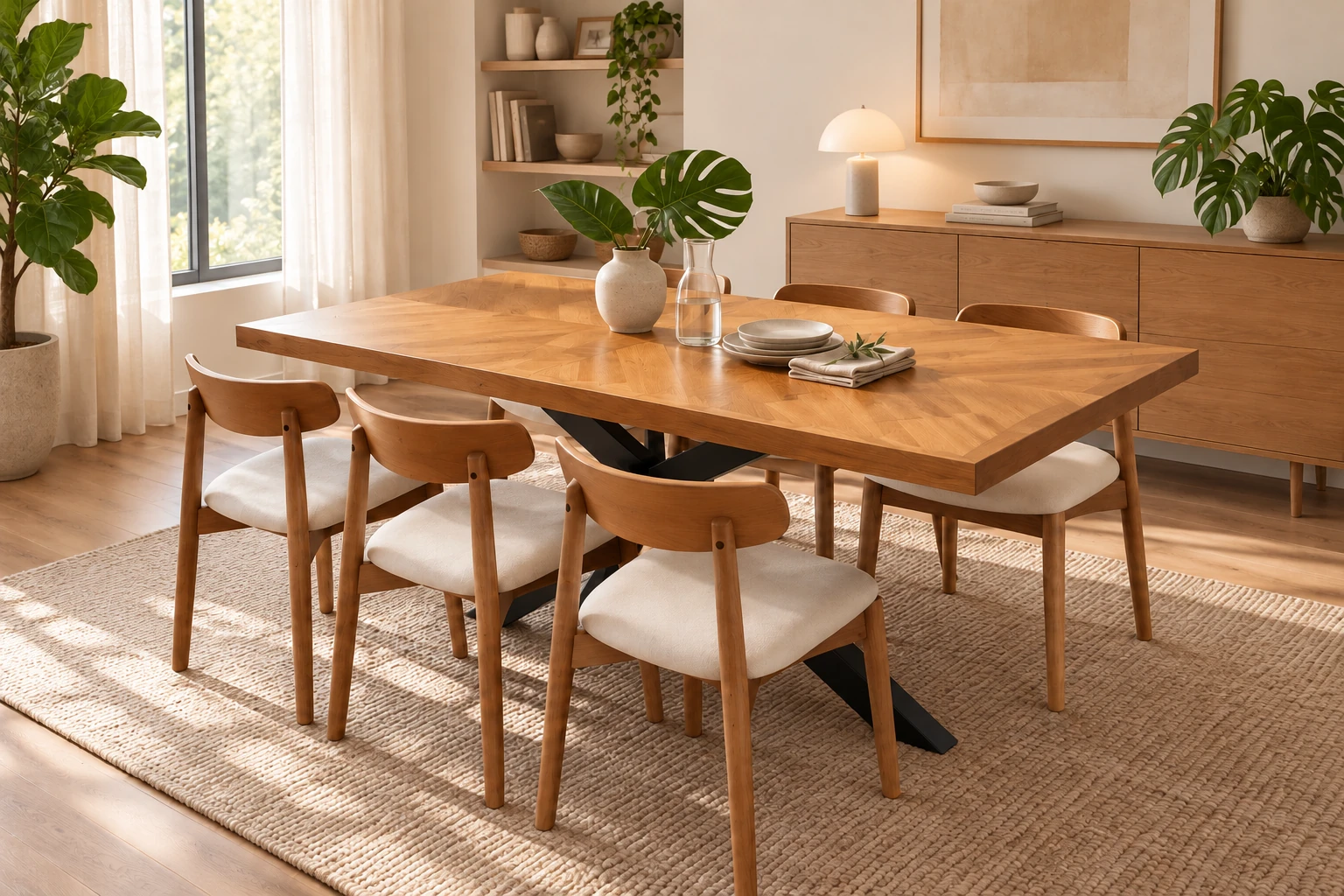 Signature Herringbone dining set with wooden chairs in a styled dining room